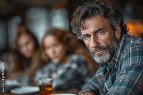 An older man with a beard and intense gaze sitting in a caf    wearing a plaid shirt