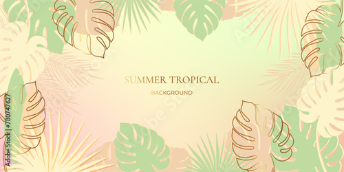 Summer banner with tropical leaves. Tropical background. Vector illustration in pastel colors with gold