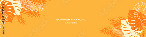 Summer background, banner with leaves of monstera, palm and other tropical plants. Vector illustration in warm orange and yellow colors