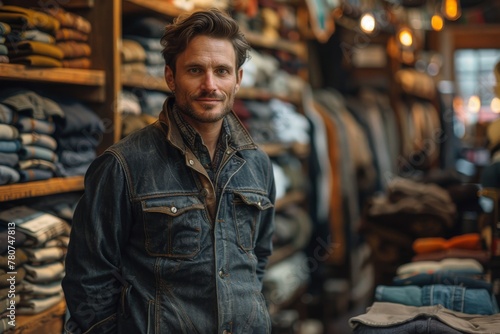 Casual, yet stylish man smiles warmly amidst a curated selection of vintage apparel in a boutique