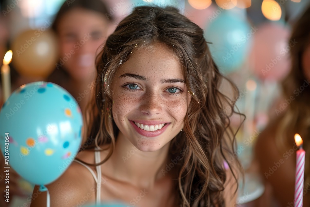 Smiling teenage girl holding balloons at a colorful birthday party setting Smiling teenage girl holding balloons at a colorful birthday party setting