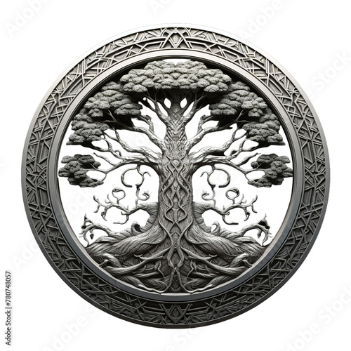 a celtic Tree and Dragon round frame, Isolated on transparent PNG background, Generative ai
