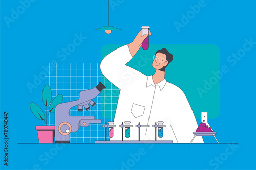 Science laboratory concept in modern flat design for web. Scientist making researches and experiment at lab flask, works at microscope. Vector illustration for social media banner, marketing material.