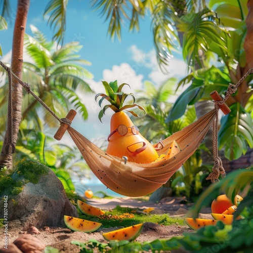 A papaya character lounging in a hammock enjoying a lazy