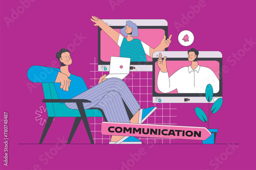 Video communication concept in modern flat design for web. Man calling online to friends or colleagues, talking at group video chat. Vector illustration for social media banner, marketing material.