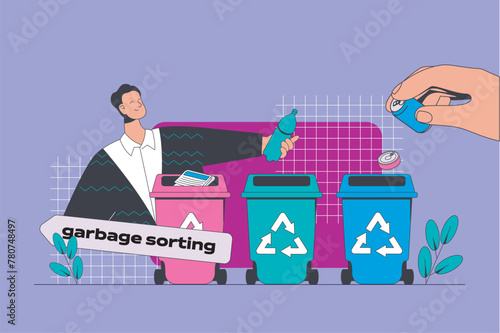 Waste management concept in modern flat design for web. Man collecting and sorting garbage in different trash bin for recycling plant. Vector illustration for social media banner, marketing material.