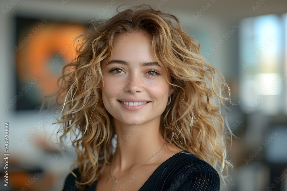 Smiling young woman with curly blond hair in an office environment. Concept Business Portraits, Smiling Woman, Curly Hair, Office Setting