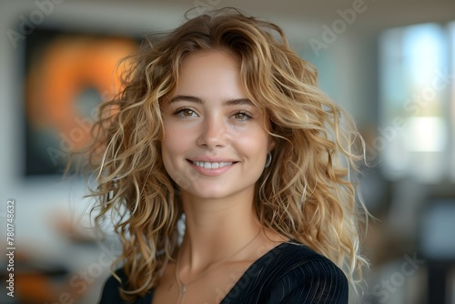 Smiling young woman with curly blond hair in an office environment. Concept Business Portraits  Smiling Woman  Curly Hair  Office Setting