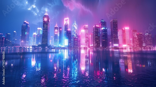 A cyberpunk-themed cityscape with neon reflections and a sci-fi atmosphere, perfect for background settings in fantasy and futuristic themes. © Riz