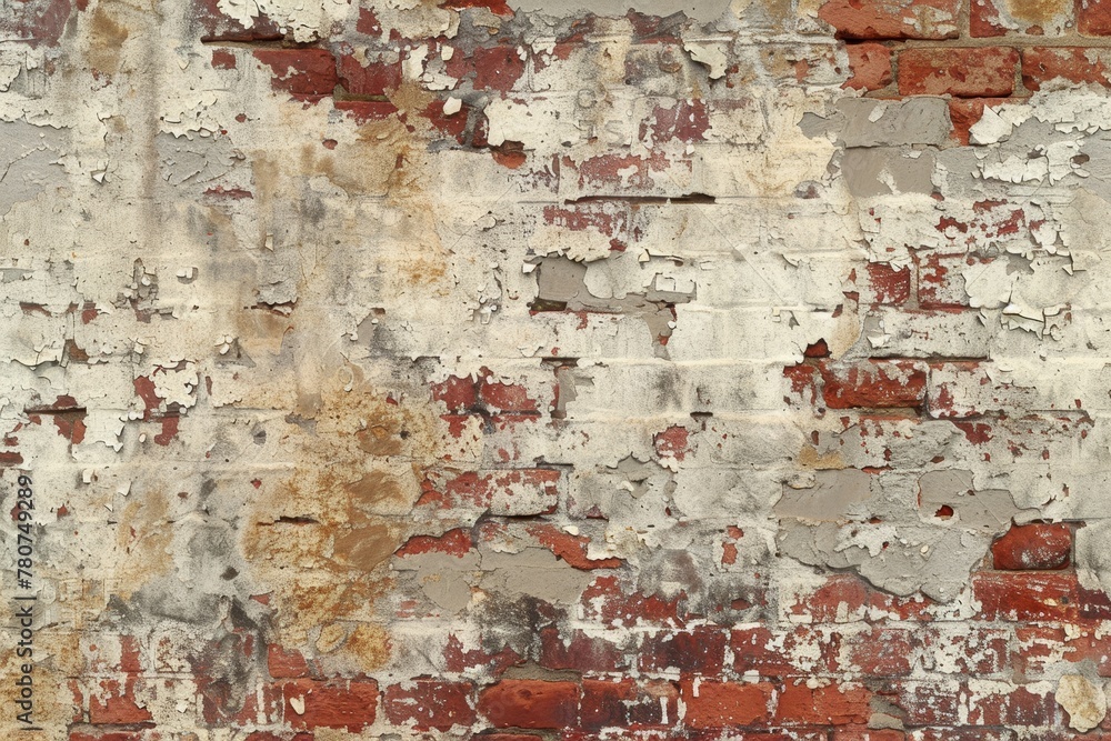 Obraz premium Peeling brick wall texture with red paint for urban and grunge background concept, ideal for creative projects that require an industrial aesthetic touch.