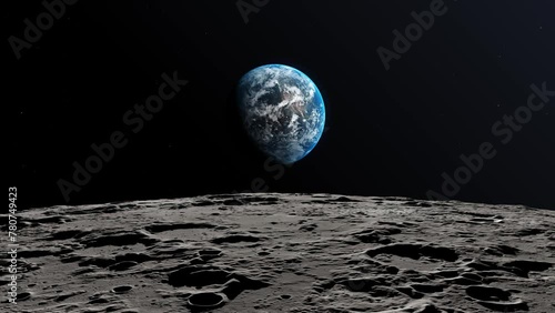 A 3D View of Moon Limb, with Earth on the Horizon. View of Earth from moon