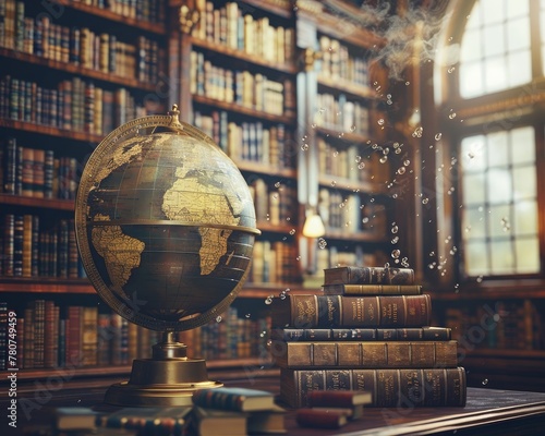 The atmosphere of a vintage library with ancient glowing globes and antique books, gives a feel of adventure and classic knowledge.
