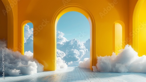 An abstract background rendered in 3D, showcasing fluffy white clouds as they float past a mesmerizing blue arch on a sunny yellow wall.