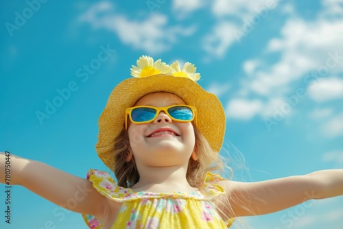 A delighted little girl wearing a yellow hat and sunglasses with arms wide open, basking in the sun.