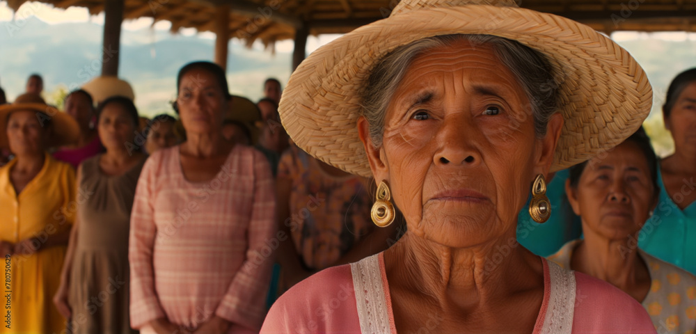 An elderly woman in a pink blouse and straw hat looks forward, surrounded by people.