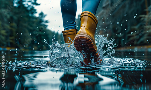 close up yellow rubber boots splashing in flooded water seen from below wallpaper photo