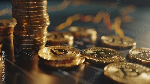 Realistic 4K shot of coins increasing on a financial graph, tracking business growth, close-up view