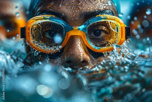 Highly detailed close-up of orange swim goggles, surrounded by water bubbles and ripples suggesting movement and sport activity © Larisa AI