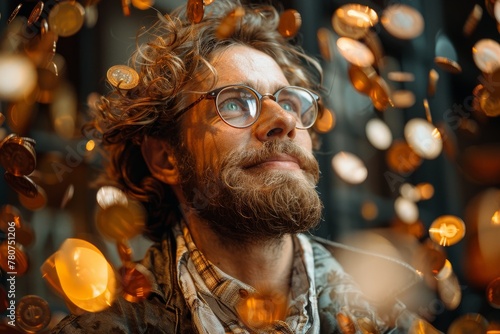 Dreamy portrait of a man with a beard looking up at glowing orbs, evoking curiosity and wonder
