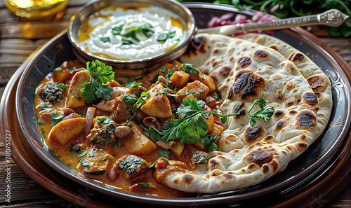 vegetable curry served with naan bread and raita sauce, indian cuisine dish 