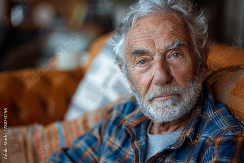 Pensive senior man with grey hair and beard, representing deep thought and life experience