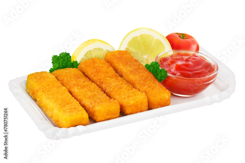 Fish Sticks and tomato sauce isolated on white background
