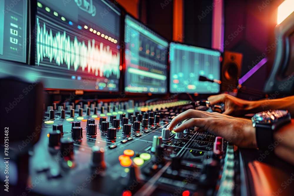 Recording Studio Magic: Producers mixing tracks, sound waves on monitors. They tweak knobs, capturing musical nuances. Recording Studio Magic: Producers mixing tracks, sound waves on monitors. They tweak knobs, capturing musical nuances.