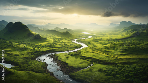 areal view of landscape with river and mountains.