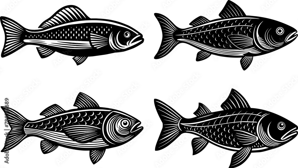 Set of fish signs with linocut or engraving style. Fish design, elements collection Set of fish signs with linocut or engraving style. Fish design, elements collection