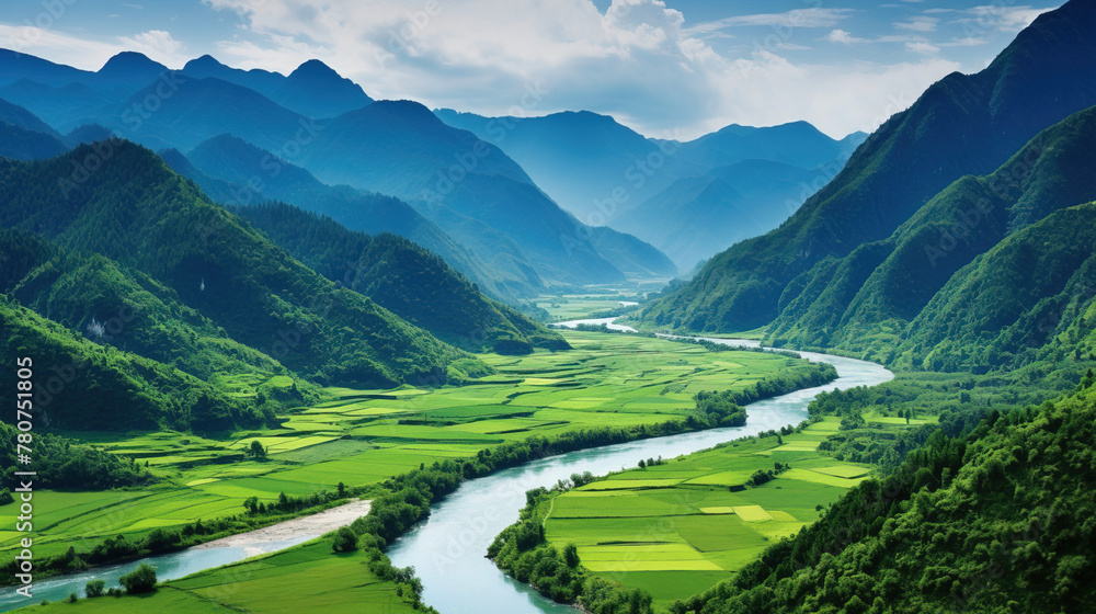 areal view of landscape with river and mountains.