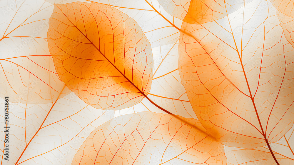 Background of leaves in x-rays with veins close-up. Autumn leaf texture. Top view, flat lay.
