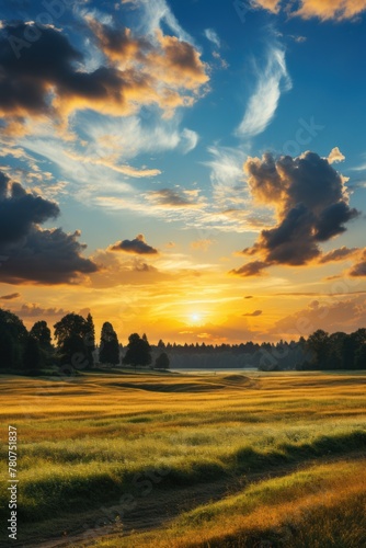 The sun sets over a vast field of green grass