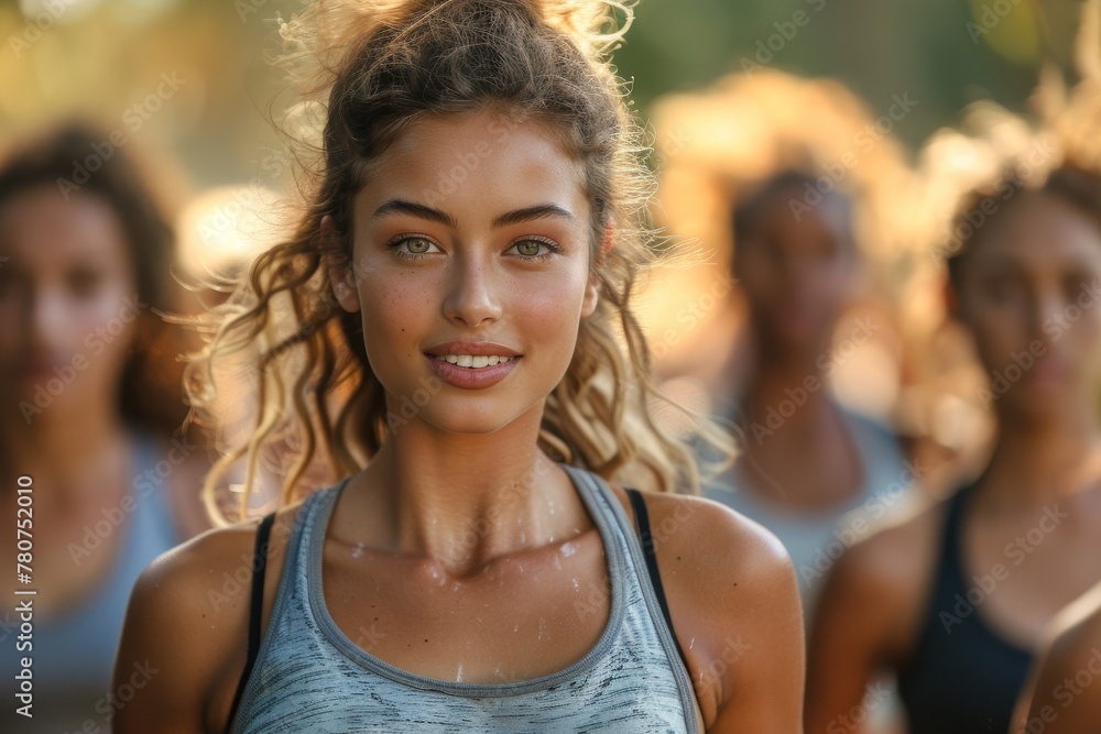 Vibrant image of a jogging woman with a glowing face and a group of runners in the background Vibrant image of a jogging woman with a glowing face and a group of runners in the background