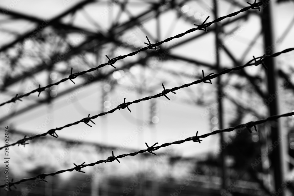 Barbed wire of a refugee camp with impossible escape in dramatic effect - obrazy, fototapety, plakaty 