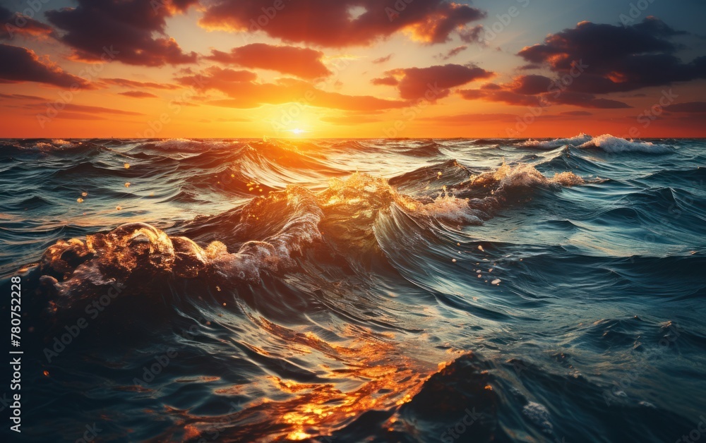 Sun setting over the ocean, casting a warm glow on the waves