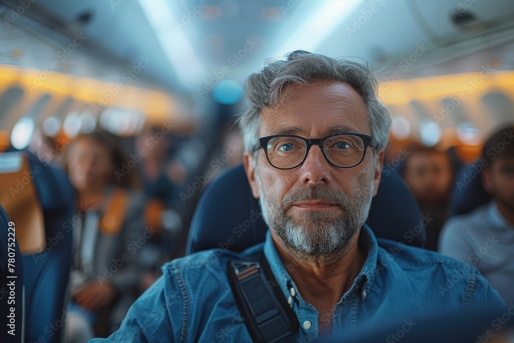 A middle-aged man with glasses sits on a plane looking pensively towards the camera A middle-aged man with glasses sits on a plane looking pensively towards the camera