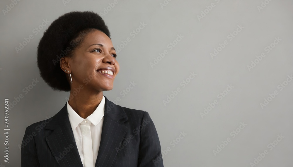 mature businesswoman in a suit smiling and looking at empty space on a gray background mature businesswoman in a suit smiling and looking at empty space on a gray background