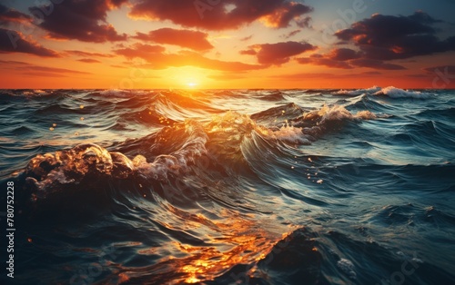 Sun setting over the ocean, casting a warm glow on the waves © Ihor