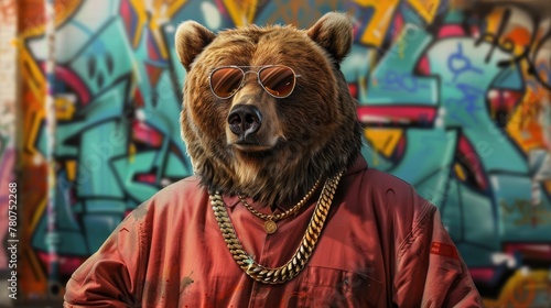 Photograph of a grizzly bear as a hip hop on graffiti street background. © CHAWA GEN