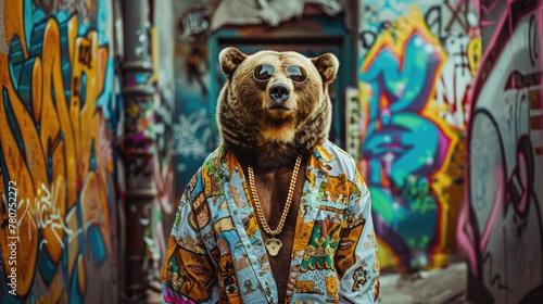 Photograph of a grizzly bear as a hip hop on graffiti street background.