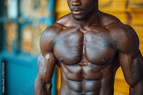An image of a ripped, muscular torso with sweat accentuating the toned physique of a fitness enthusiast