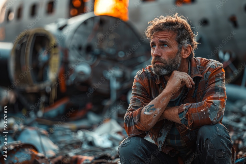 A man sits pensively amidst airplane wreckage, evoking thoughts of survival and resilience