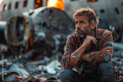 A man sits pensively amidst airplane wreckage, evoking thoughts of survival and resilience © Larisa AI