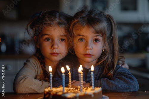 Two identical young girls share a poignant gaze with birthday candles reflected in their eyes, symbolizing innocence and youth