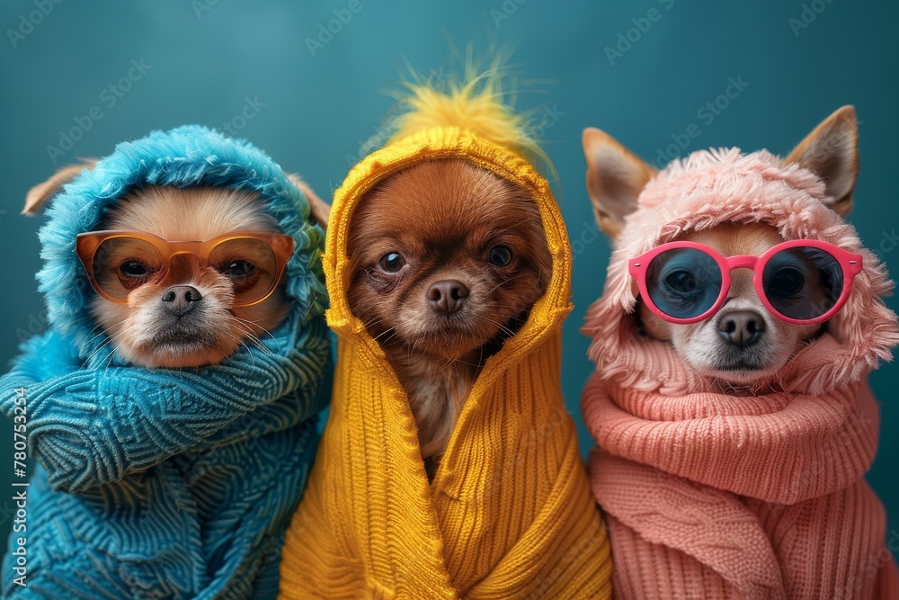 A fun visual of a dog and two cats styled in vibrant knitted scarves, depicting warmth and companionship