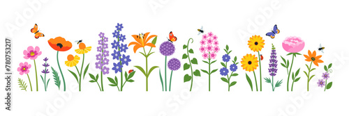 Vector set of summer garden flowers and insects isolated on white background. Cottage backyard garden flower landscape illustration in flat style. © fireflamenco