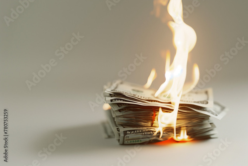 burning stack of money on a white background photo