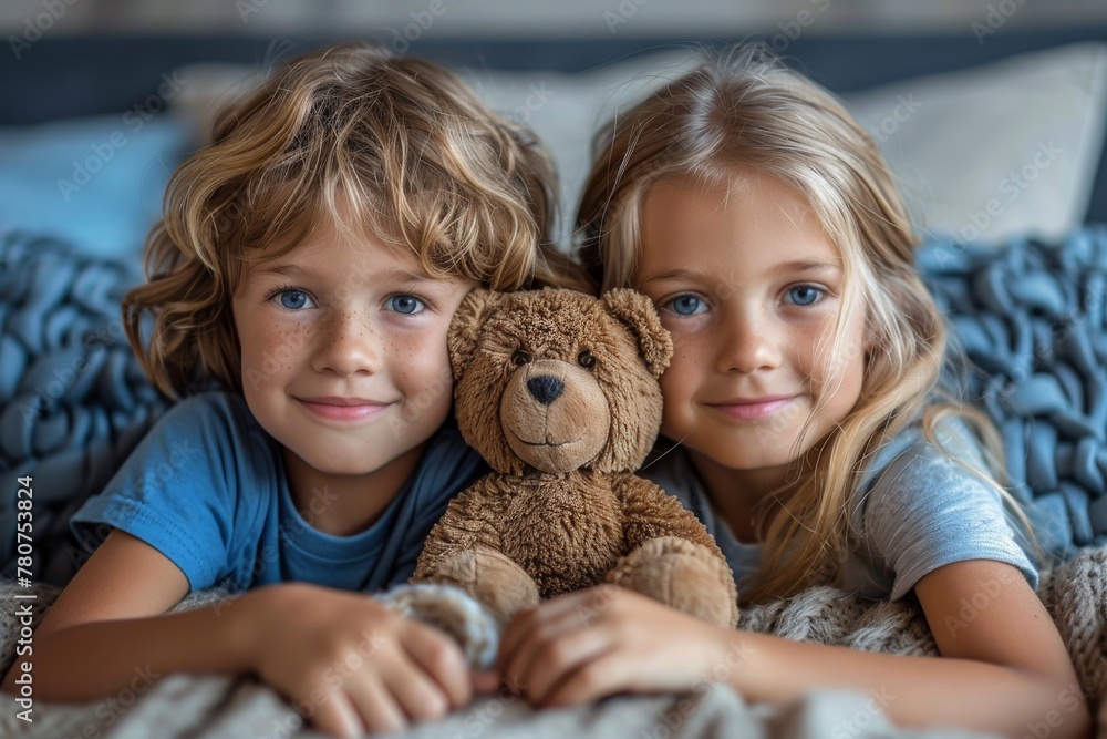 A young boy and girl share a peaceful moment with a teddy bear, capturing a sense of sibling love and tranquility A young boy and girl share a peaceful moment with a teddy bear, capturing a sense of sibling love and tranquility