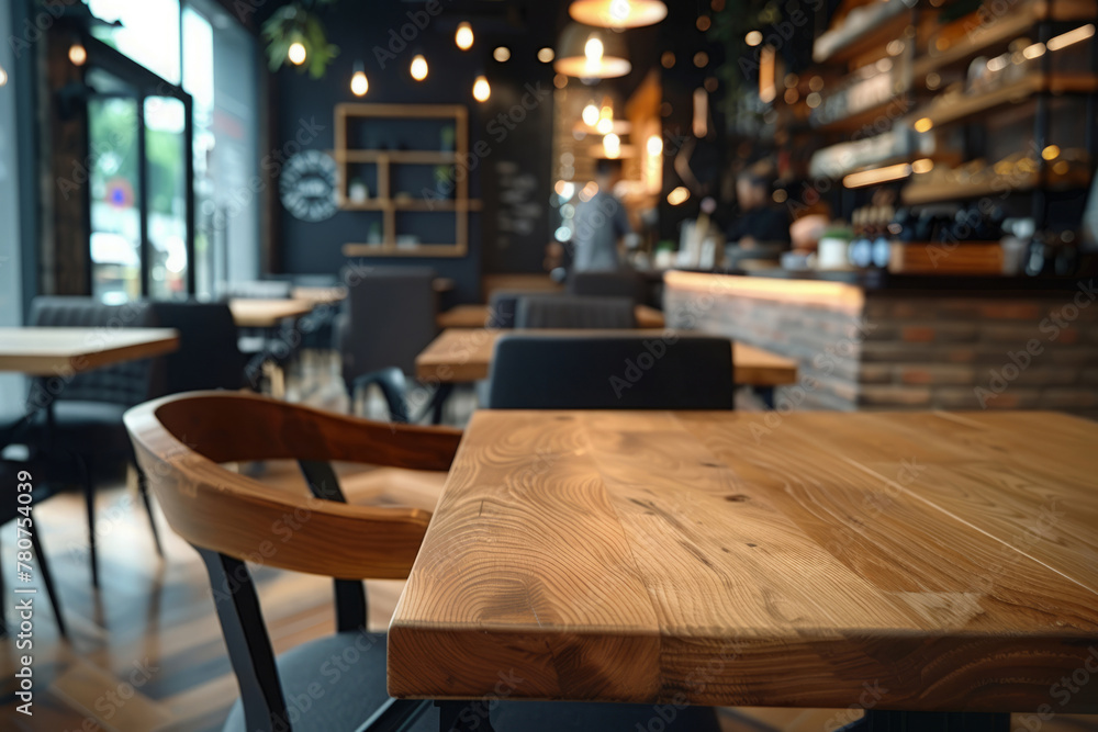 Coworking space with empty wooden table and a cafe area in background Coworking space with empty wooden table and a cafe area in background
