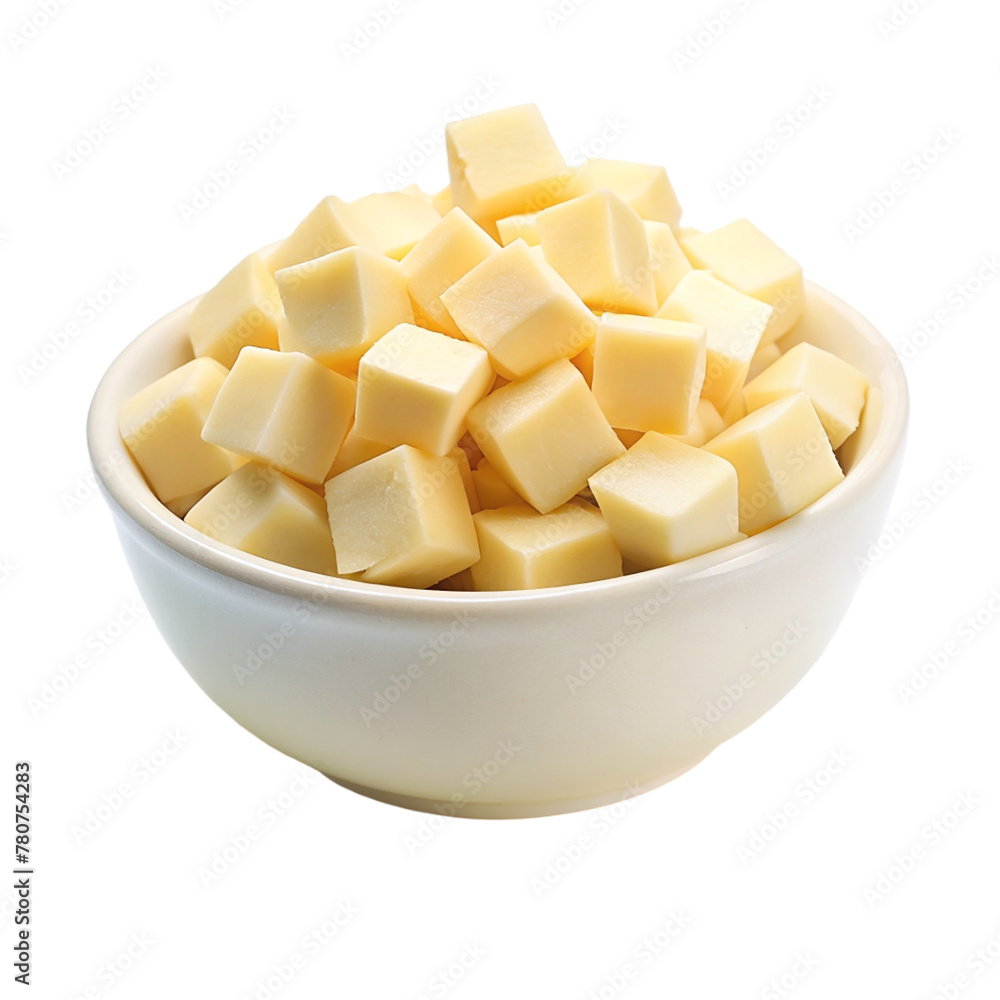 Cheese cubes in a bowl isolated on transparent background Cheese cubes in a bowl isolated on transparent background